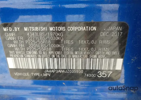 2018 Mitsubishi Outlander Sport 2.4 Se z USA, uszkodzony, nr VIN JA4AP3AW4JZ035930